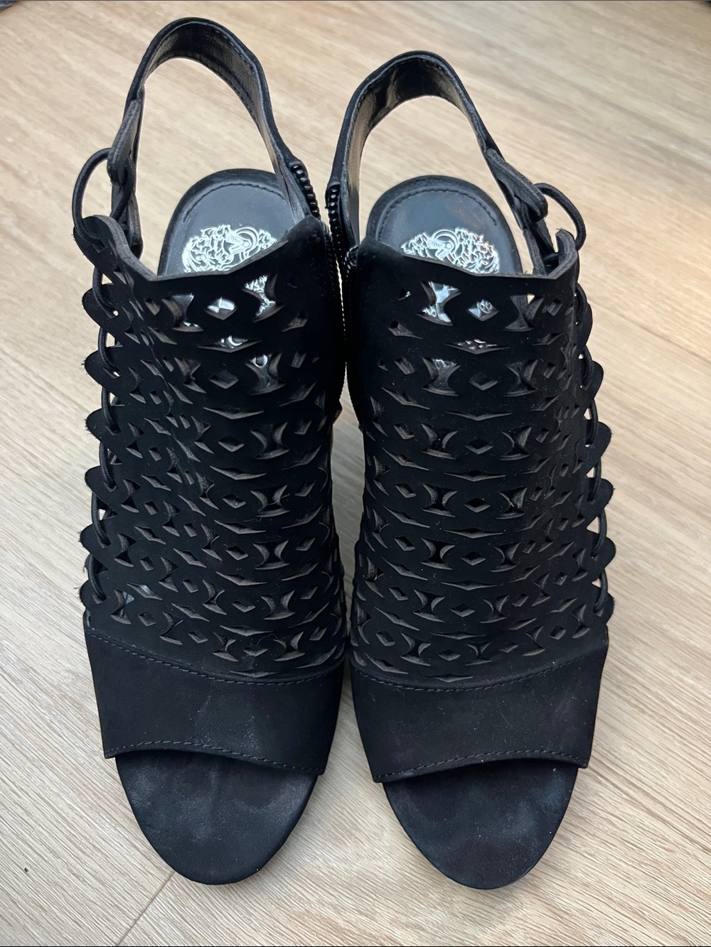 Vince Camuto Black Laser-Cut Slingback Heels